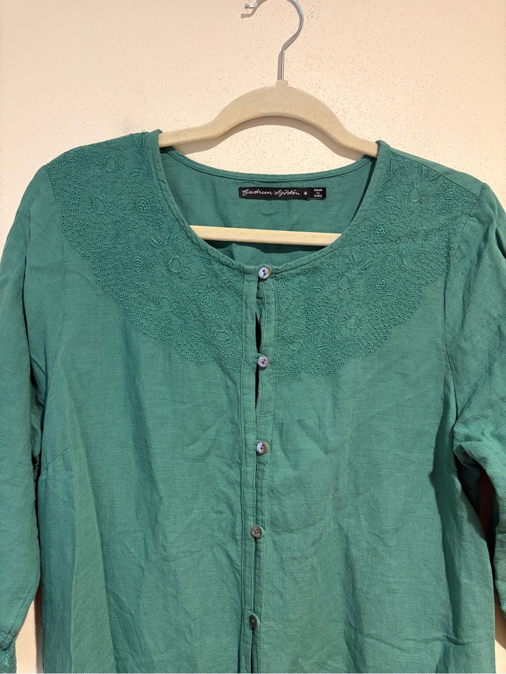 Gudrun Sjoden Teal Embroidered Button Down Dress Cotton Linen Lagenlook Medium - Picture 5 of 15